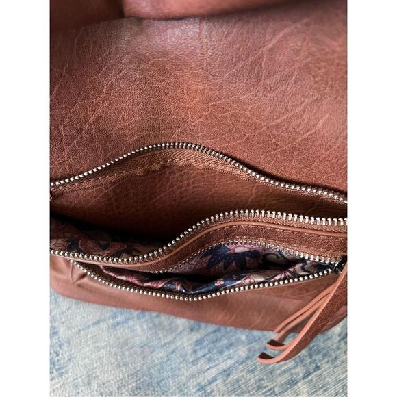 Brown Faux Leather Fold Over Bucket Shoulder Convertible Backpack - Picture 3 of 8